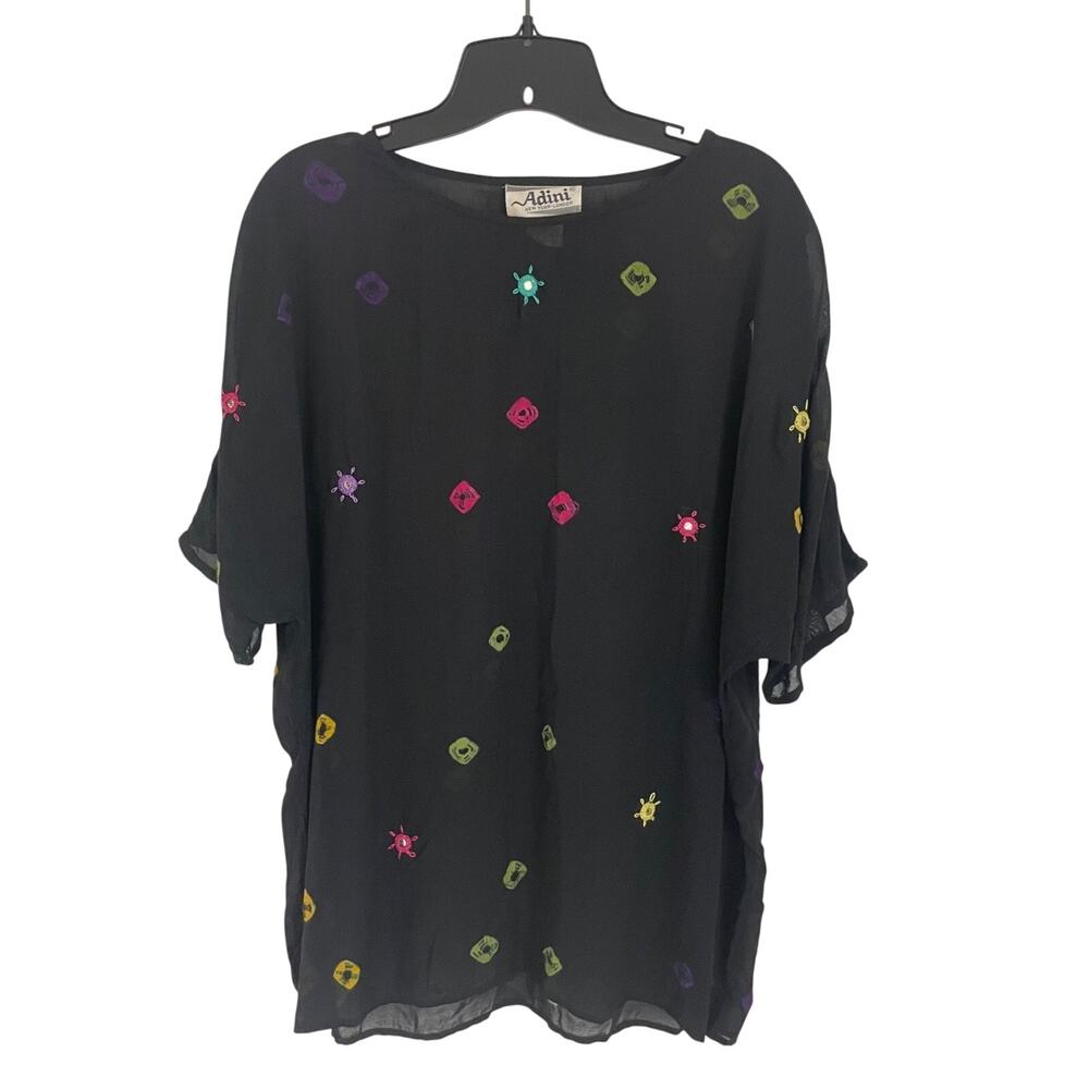 Adini Mirror Embroidered Black Tunic Top S Rayon Cotton Boho Sheer‎ Festival Art